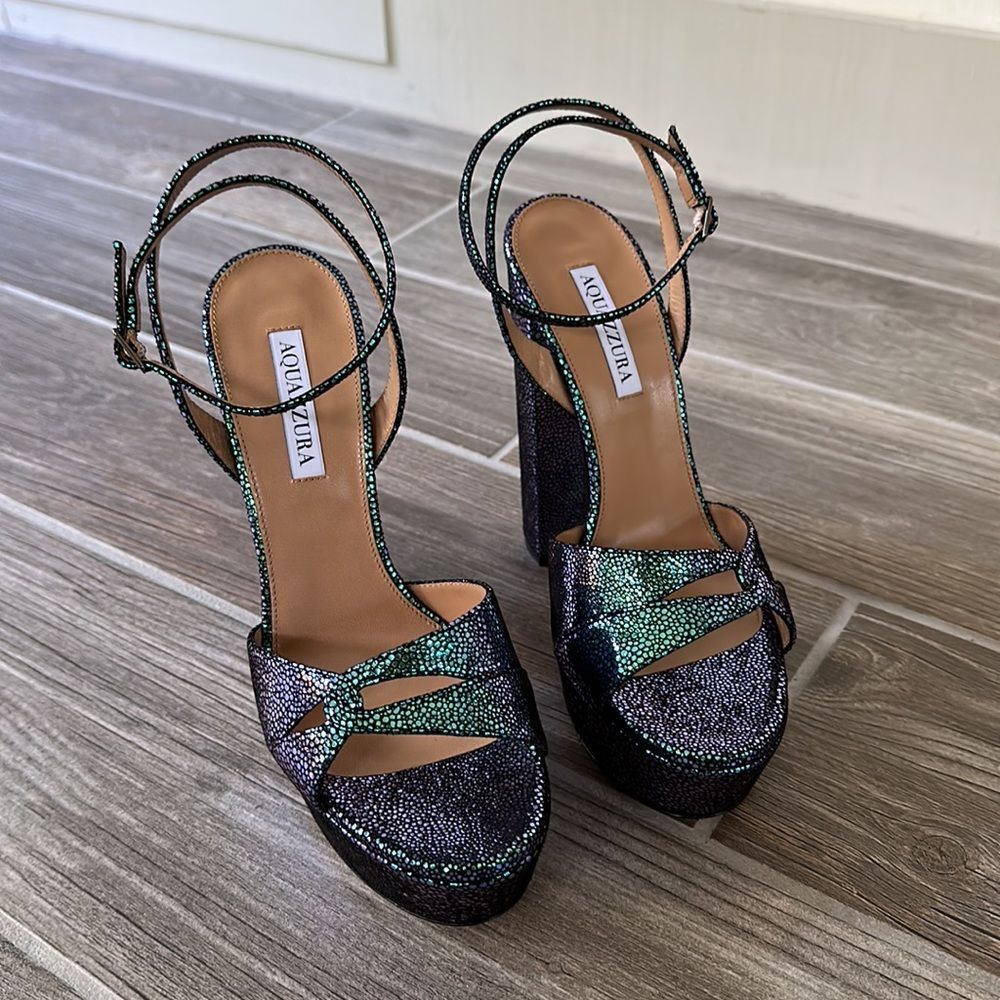 AQUAZZURA Sinner Ombre Platform Ankle-strap Sandals Sz 40 Petroleum Blue NIB - Picture 11 of 13